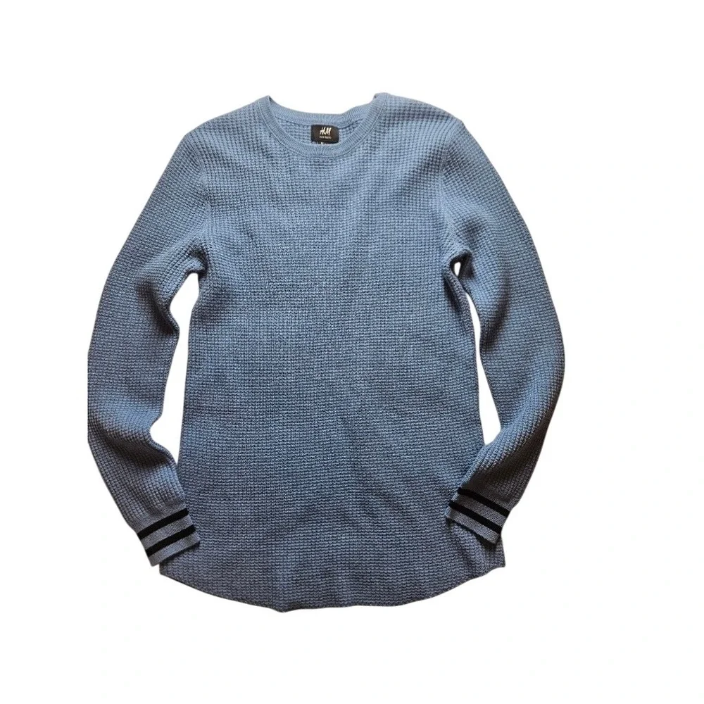 HM Mens Wool Blend Waffle Knit Sweater Blue Long Sleeve Athletic Stripe Cuffs S
